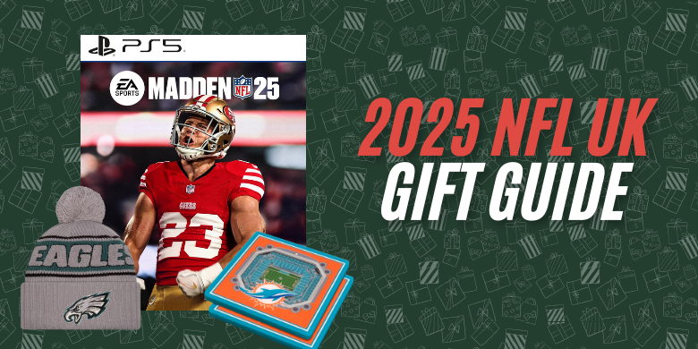 Banner image featuring three NFL presents for a guide to gifts for UK American Football fans in 2025