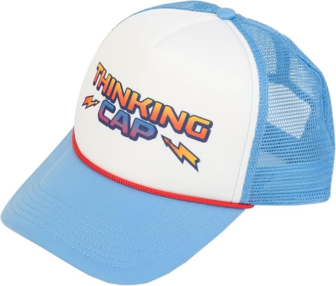 Blue Trucker-style cap with Thinking Cap motif, great gift for Stranger Things fans